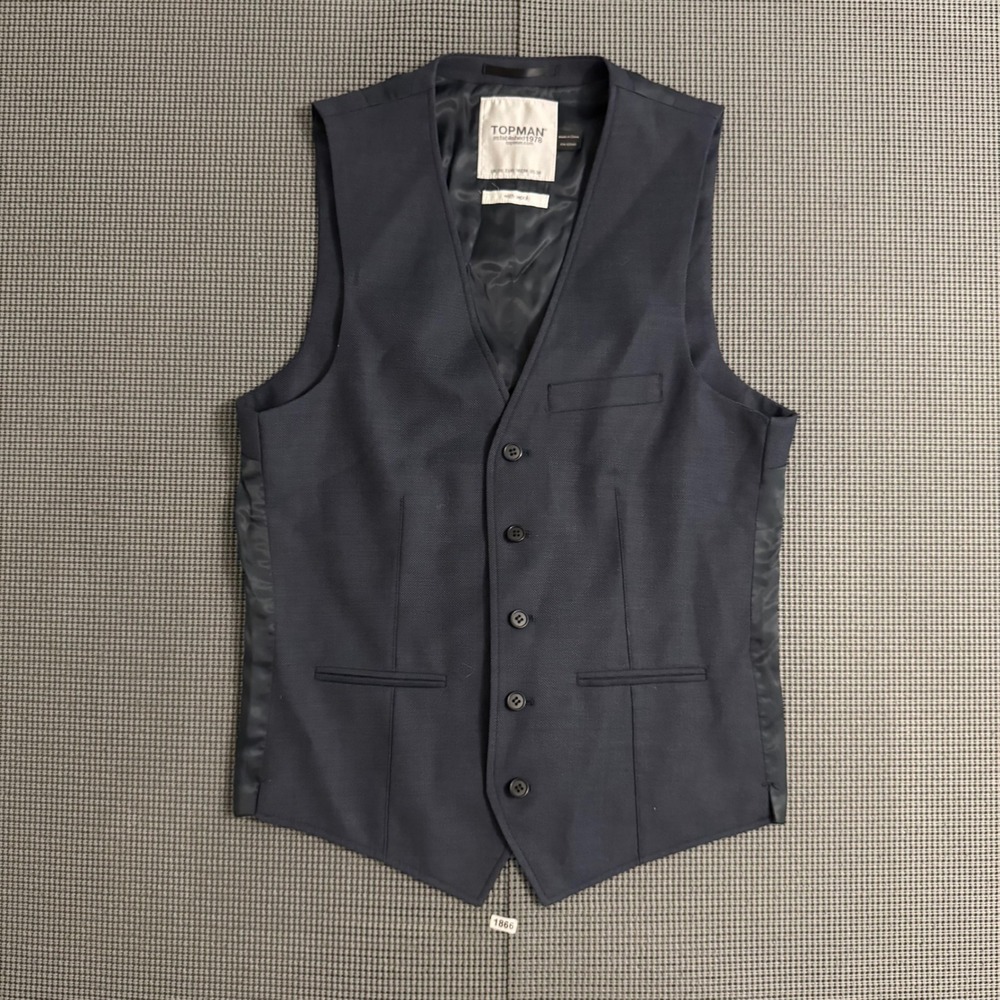 Topman Mens Navy Blue Textured Wool Blend Suit Vest Waistcoat Size US 38